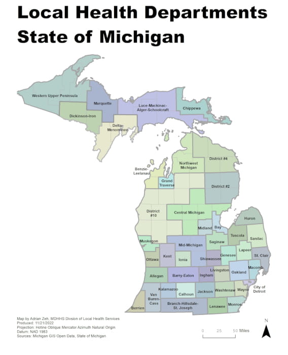 state map showing service area boundaries for each of Michigan's local health departments