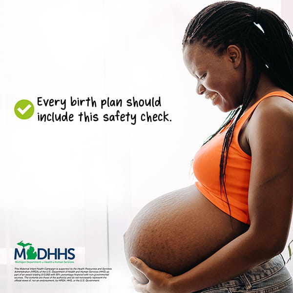Pregnant African American woman with message "Every birth plan should include this safety check."