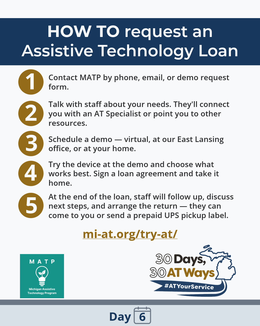 Graphic titled: “How to Request an Assistive Technology Loan.” It lists five steps: 1) Contact MATP by phone, email, or demo request form. 2)Talk with staff about your needs — they'll connect you with an AT Specialist or point you to other resources. 3) Schedule a demo — virtual, at our East Lansing office, or at your home. 4) Try the device at the demo and choose what works best. Sign a loan agreement and take it home. 5) At the end of the loan, staff will follow up, discuss next steps, and arrange the return — they can come to you or send a prepaid UPS pickup label. A website link (https://mi-at.org/try-at/) is included. Logos, Michigan Assistive Technology Program and “30 Days, 30 AT Ways”. #ATYourService Day 6