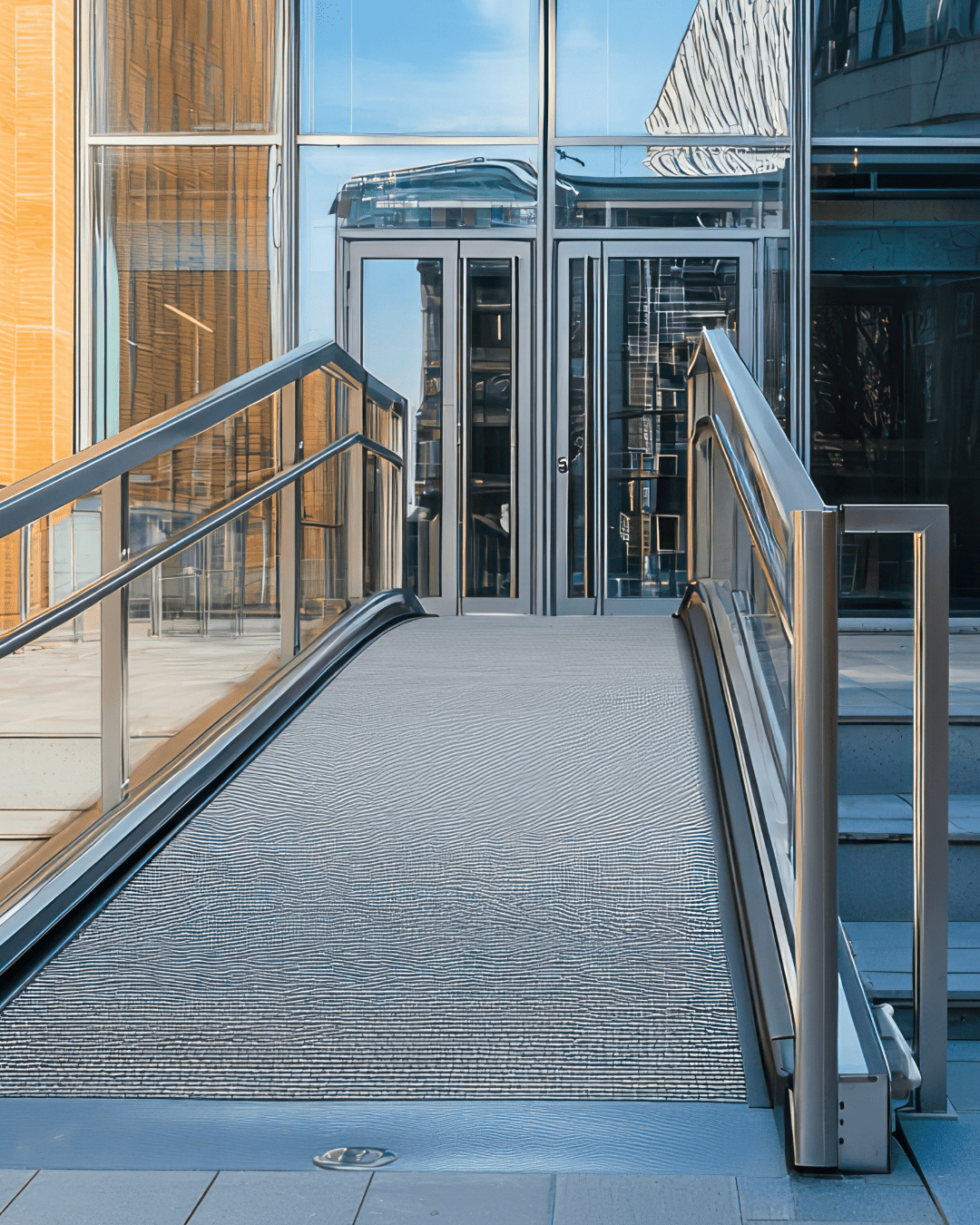 A photo showing an accessible building entrance with a ramp and glass doors.