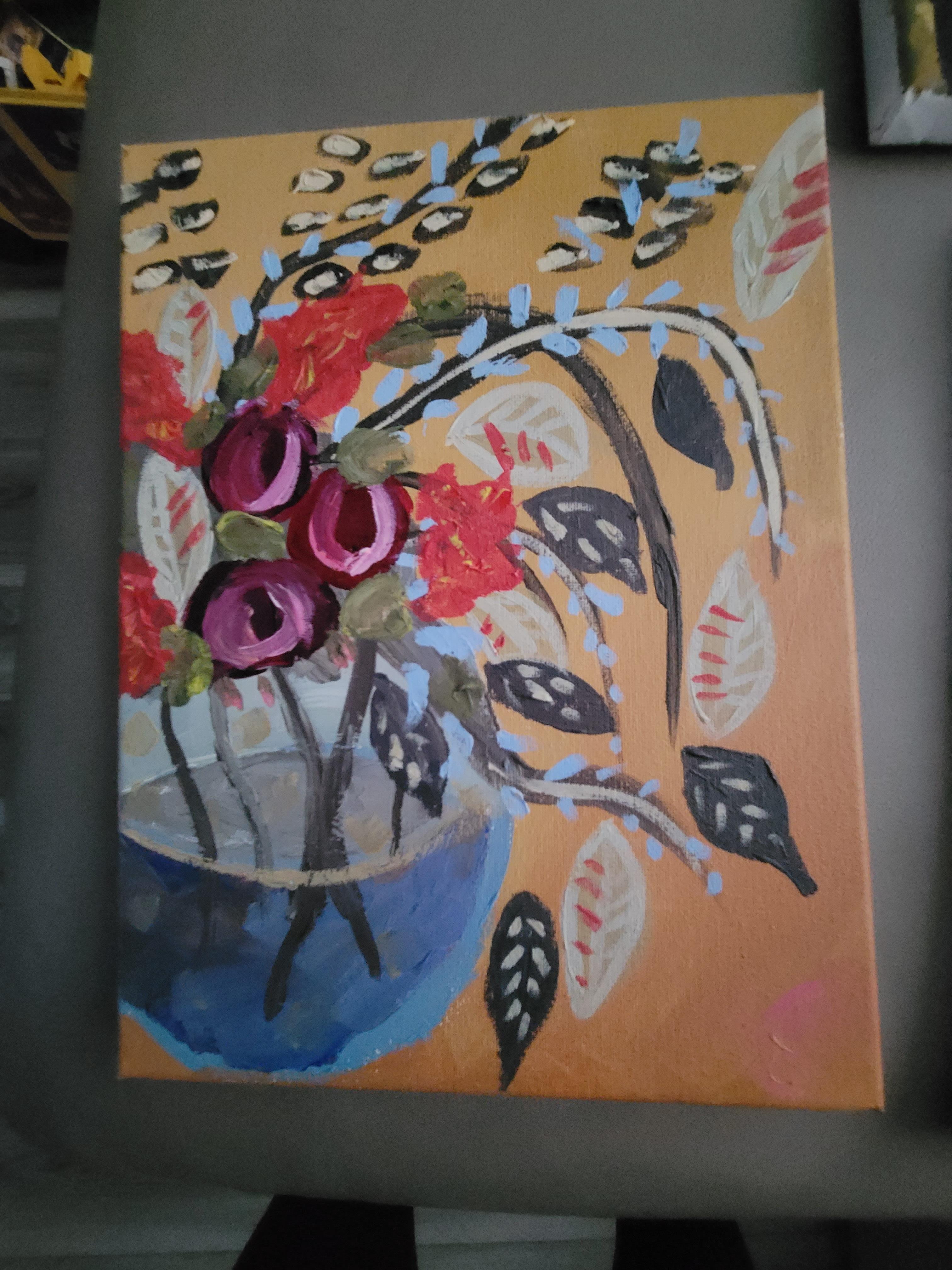 Artist: Jacqueline Cuevas. Title of Artwork: Life in Bowl. Artist Description: Acrylic painting of flowers in a bowl on a canvas. 