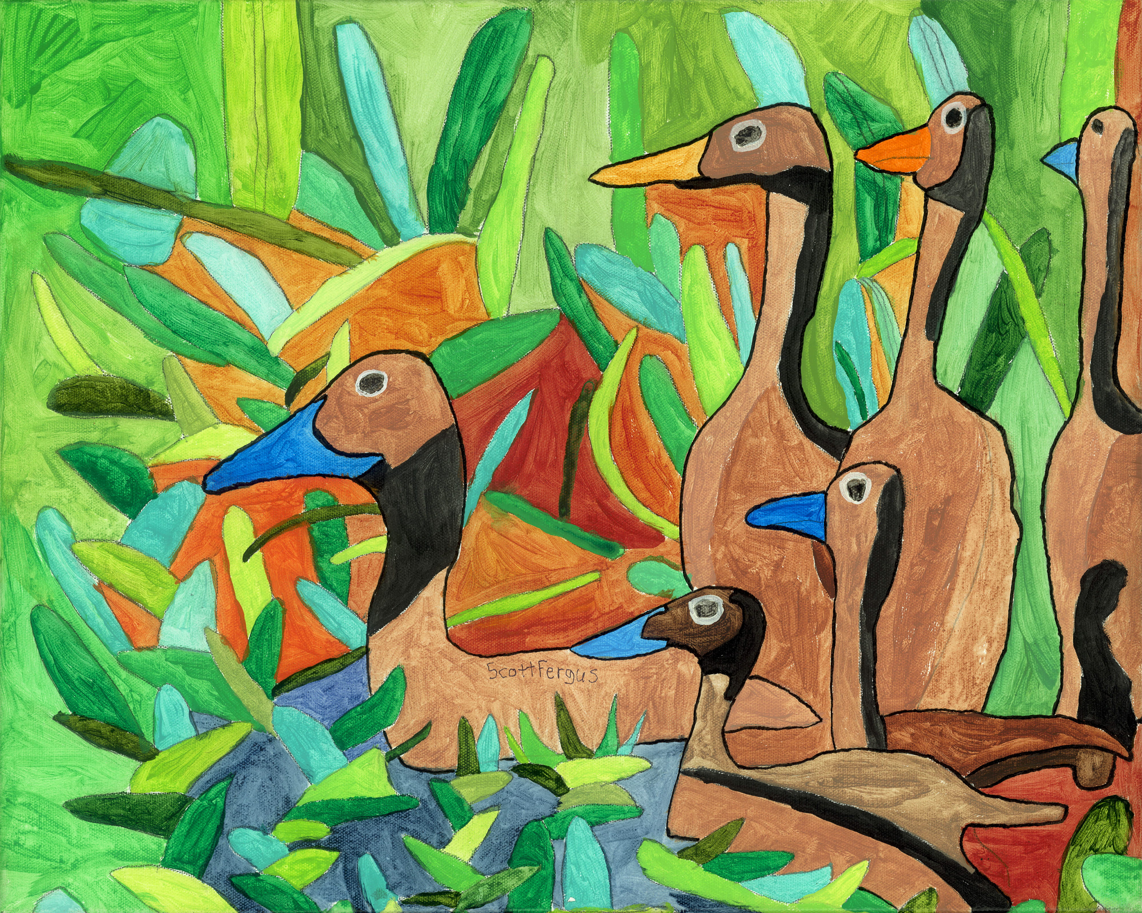 Artist: Scott Fergus. Title of Artwork:Ducks in the Amazon. Artist Description: Scott did a walk into the Amazon and marveled at the wildlife. This image is from a photo a friend took on her visit to the Amazon. 