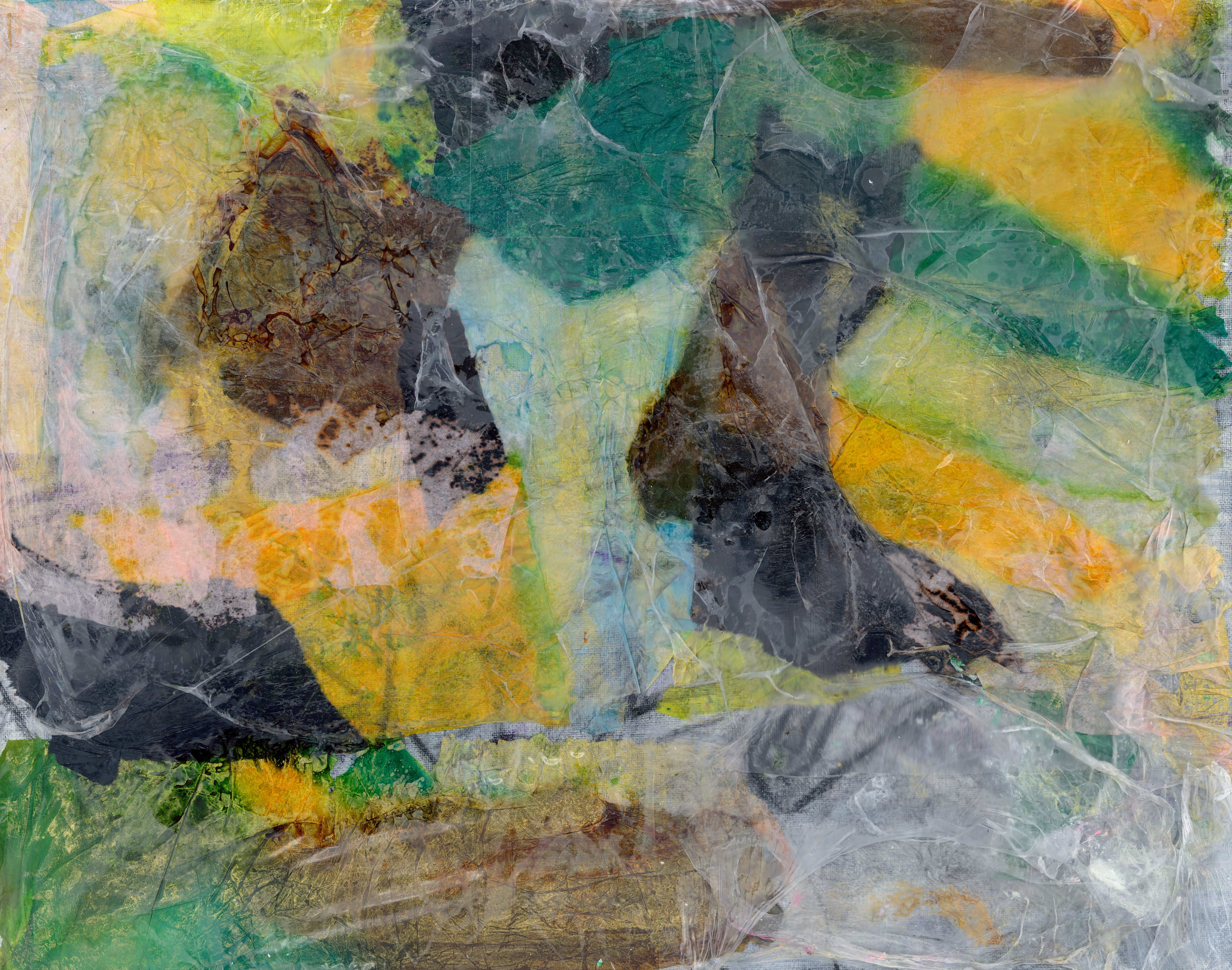Artist: DB Hale. Title of Artwork: Everlasting Light, Fool King. Artist Description: These pieces are based on the idea of suppression or being held back by societal norms and ableism. Each piece is cover in layers of plastic, paint.
