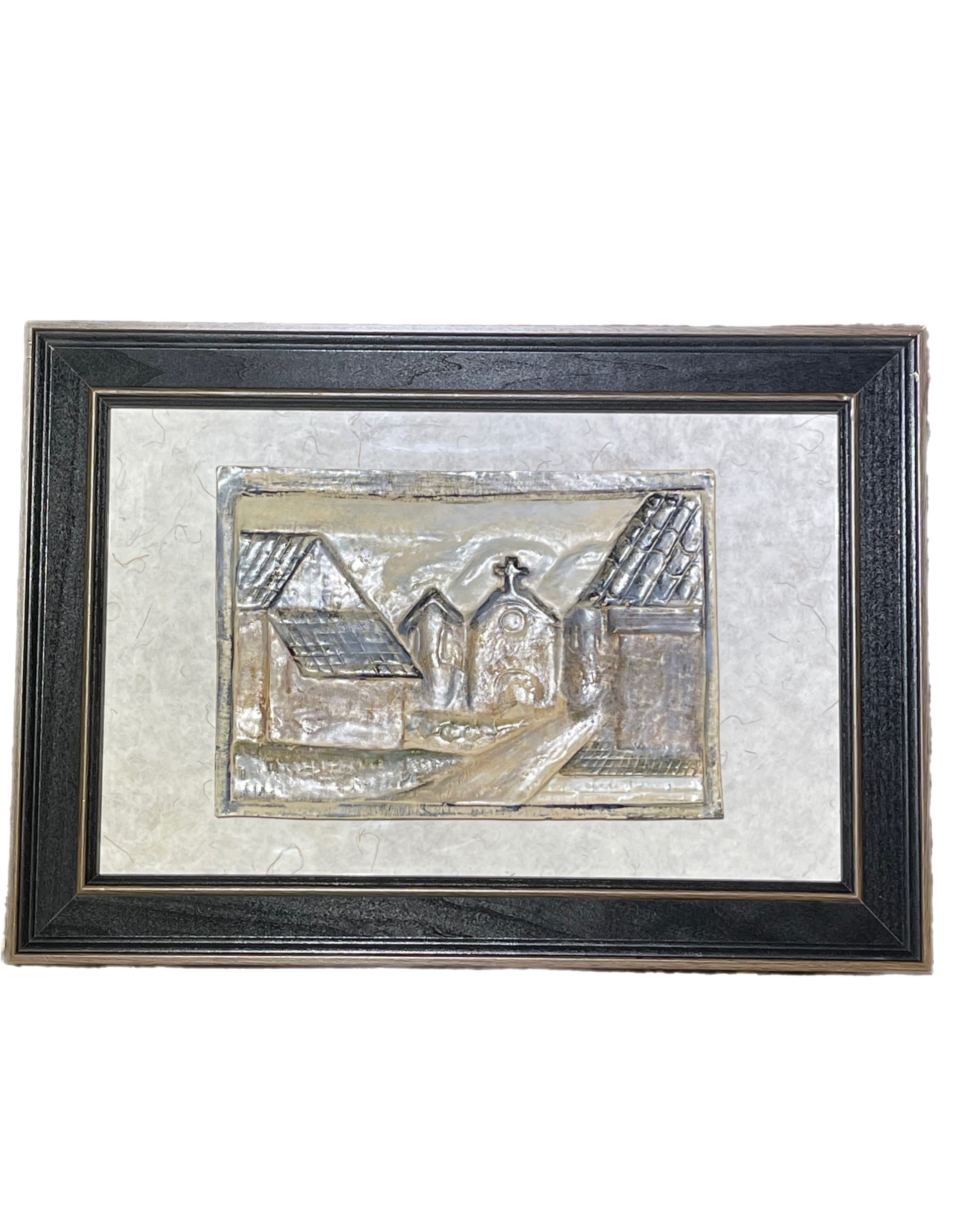 Artist: Elizabeth Martin. Title of Artwork: Little Church. Artist Description: slab carved ceramic picture scene of country church framed and backed in homemade paper.
