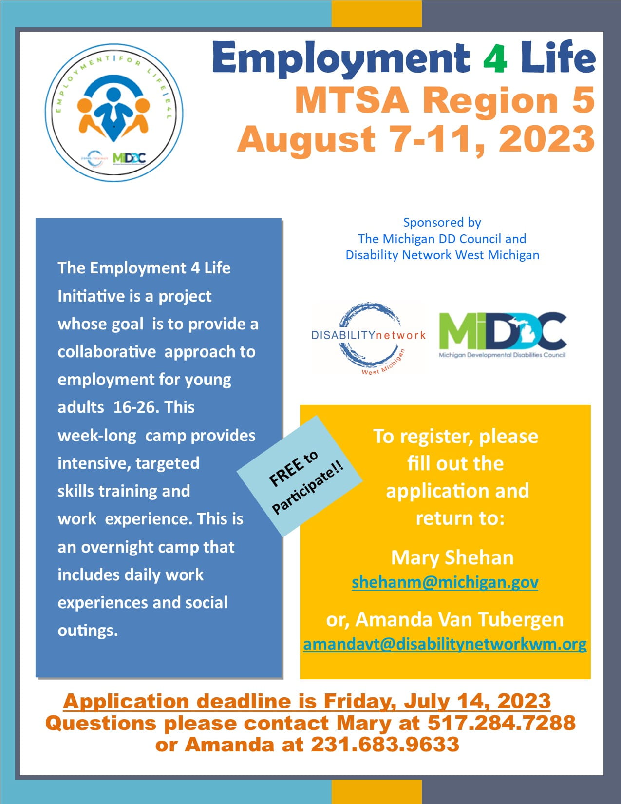 Flyer for August Employment 4 Life Camp