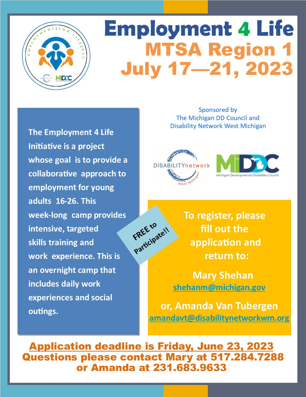 Flyer for July Employment 4 Life Camp