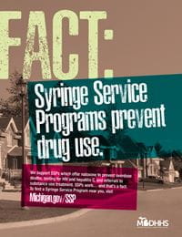 A town with the text "Syringe Service Programs prevent drug use" plastered over it.
