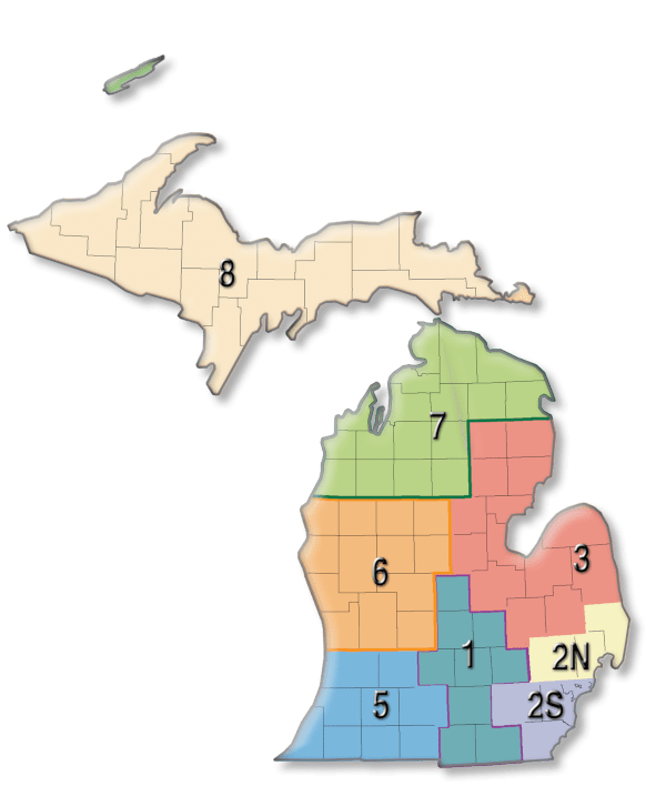 This is a map of the State of Michigan with the eight preparedness regions highlighted.