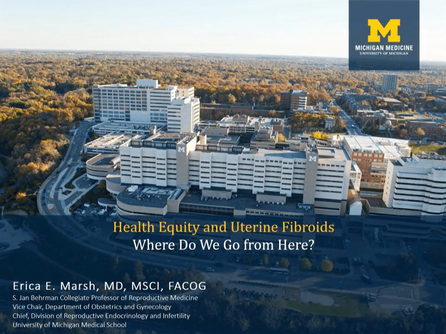 A PowerPoint slide showing Michigan Medicine with the words Health Equity and Uterine Fibroids  