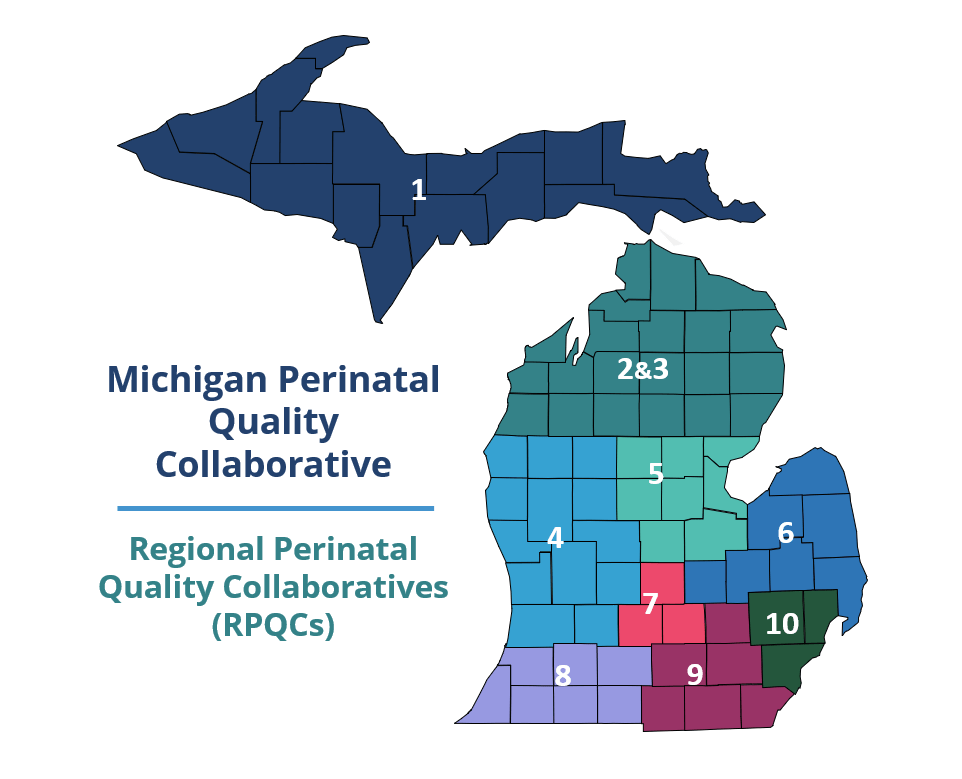 Michigan Perinatal Quality Collaborative (MI PQC) map showing the Regional Perinatal Quality Collaboratives (RPQCs)