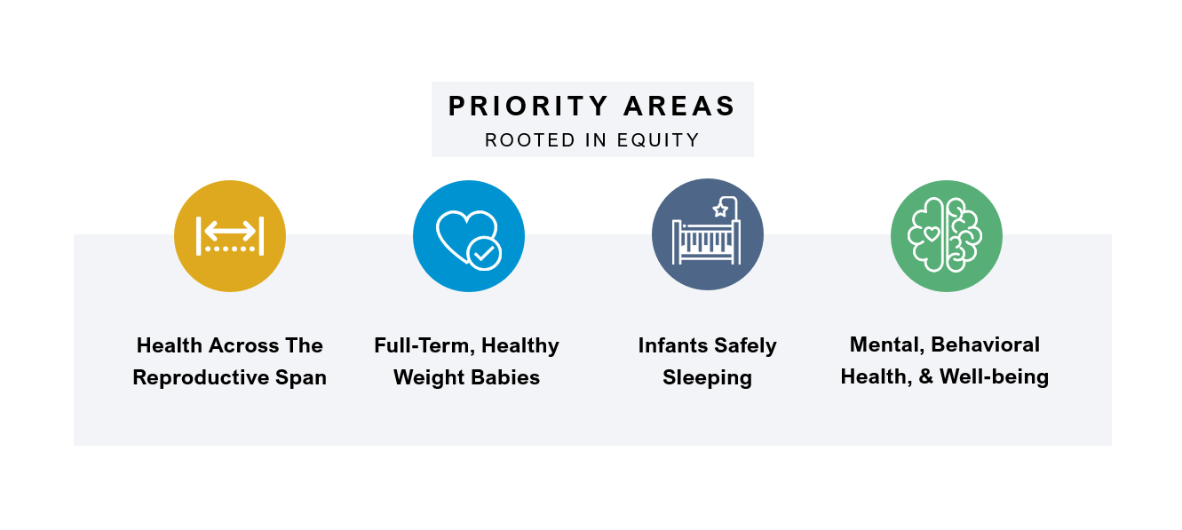 Priority Areas - Rooted in Equity include: Health Across the Reproductive Span, Full-Term Healthy Weight Babies, Infants Safely Sleeping and Mental, Behavioral Health, & Well-being