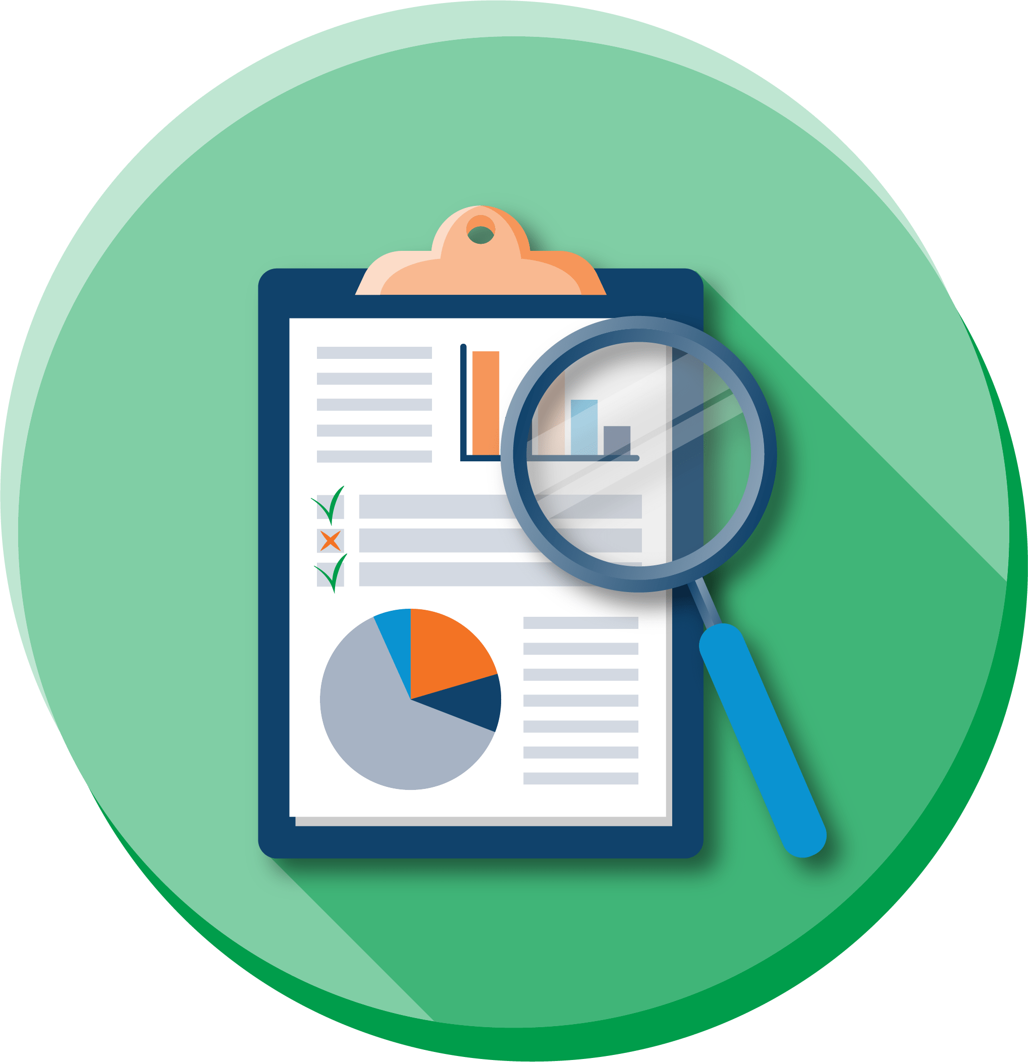 clipboard of data with magnifying glass 