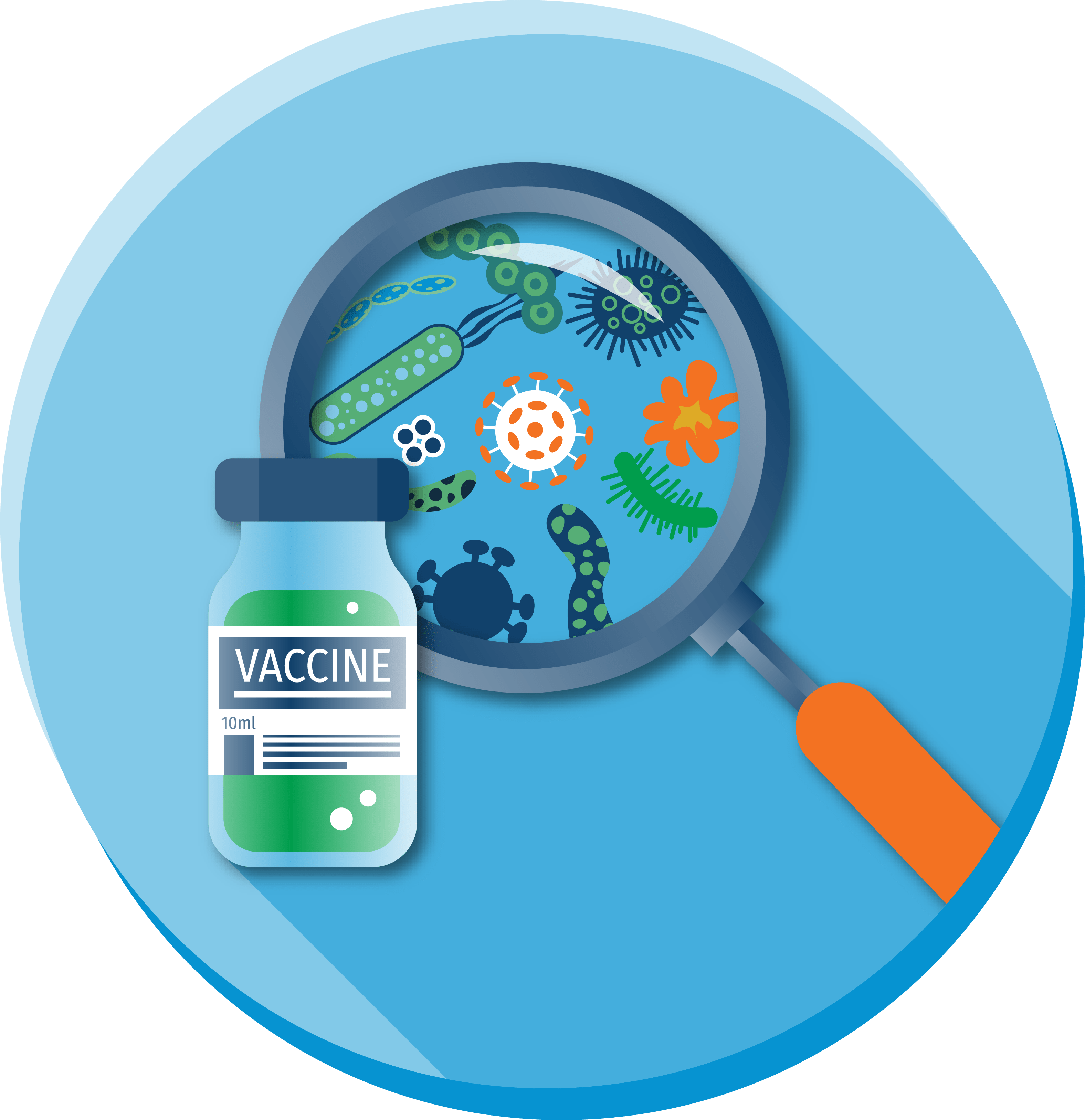 magnifying glass looking at diseases and a vaccine vial