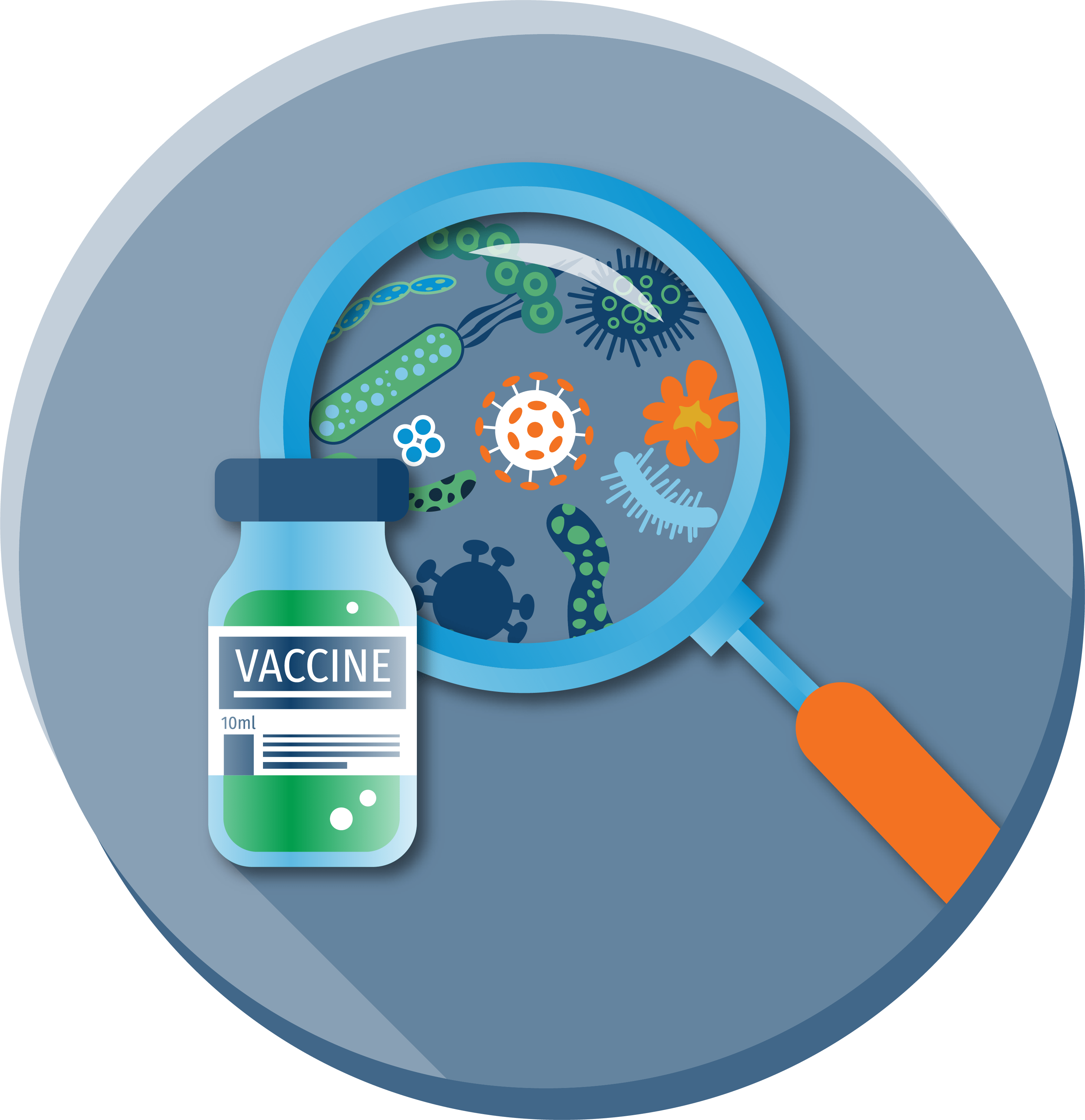 magnifying glass looking at diseases and a vaccine vial