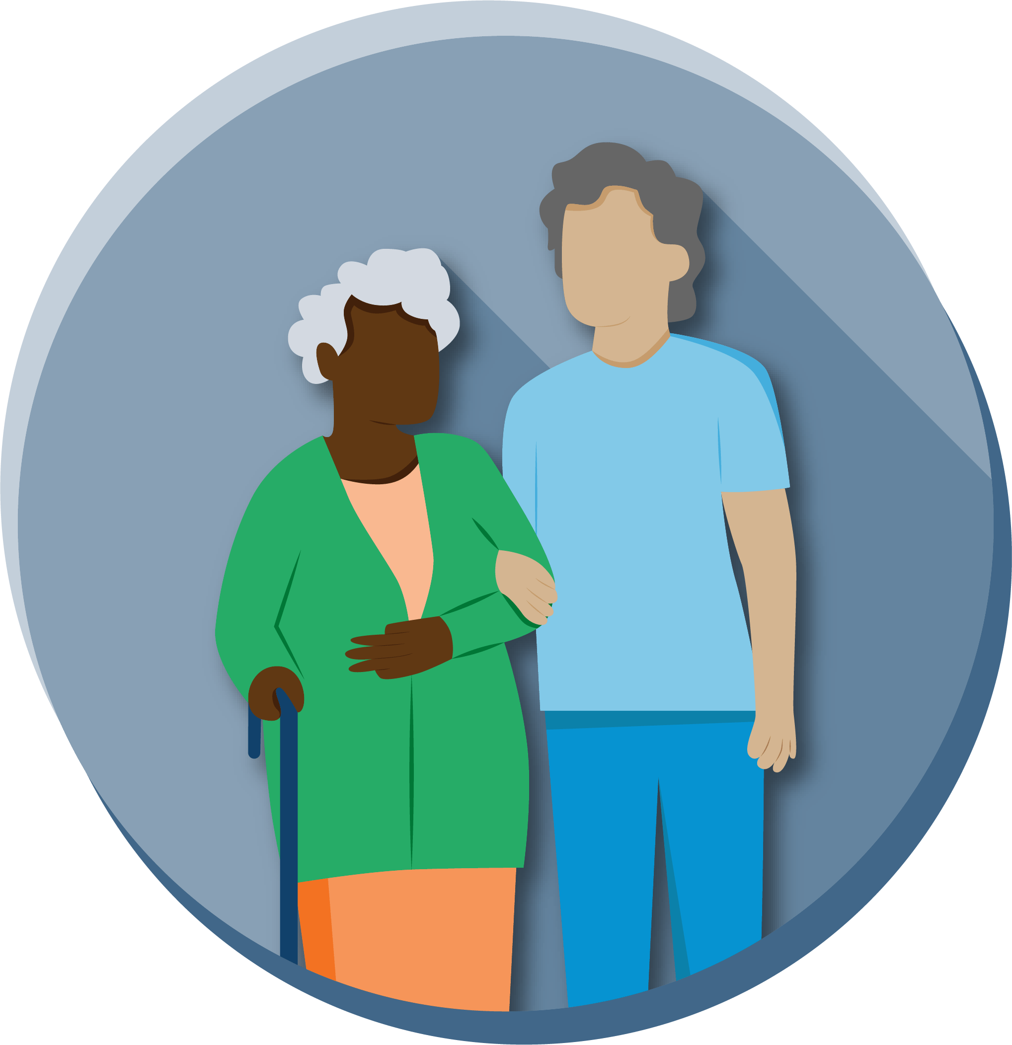 a young person walking with an older person