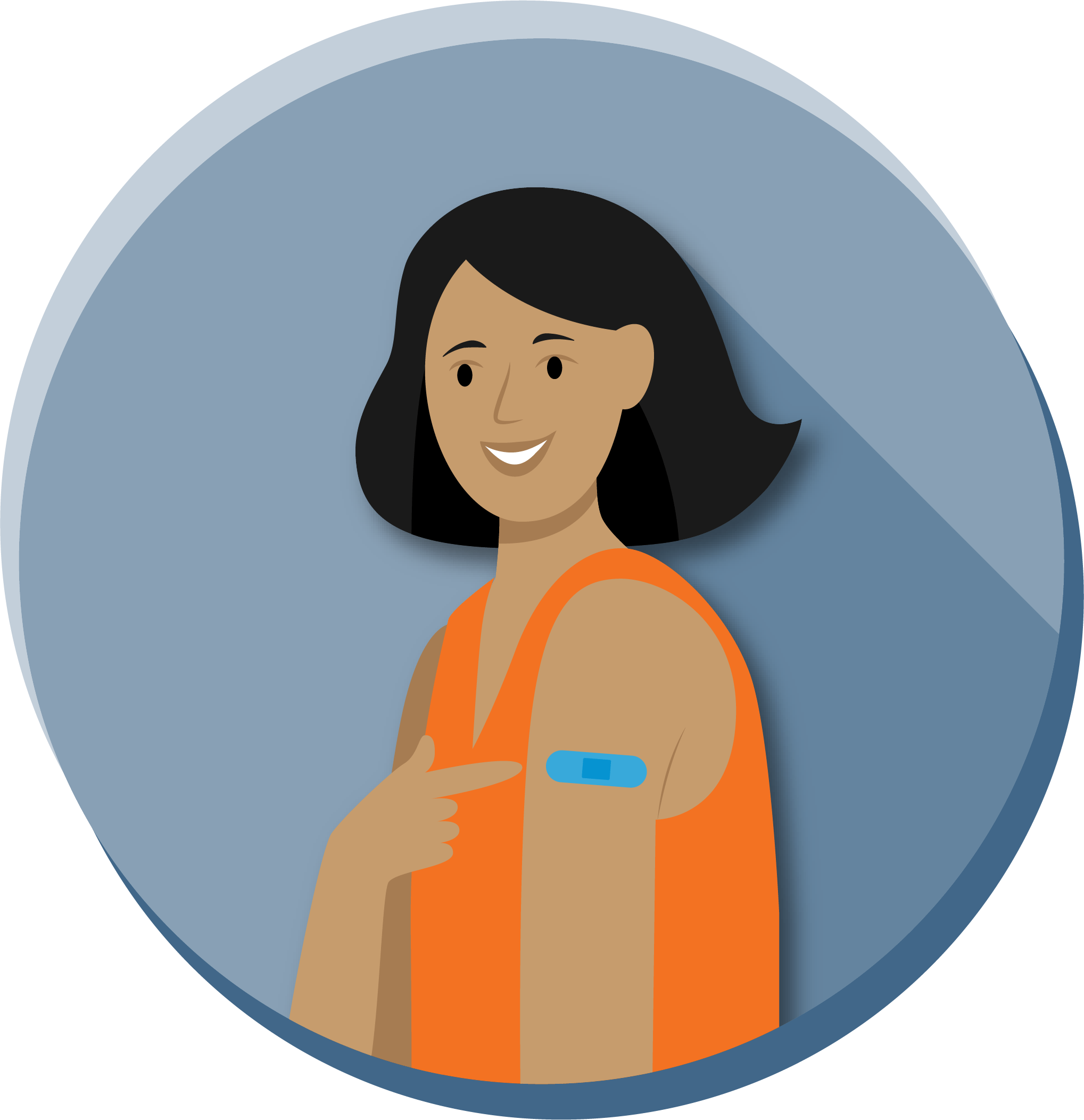 woman in orange shirt smiling with bandaid on arm