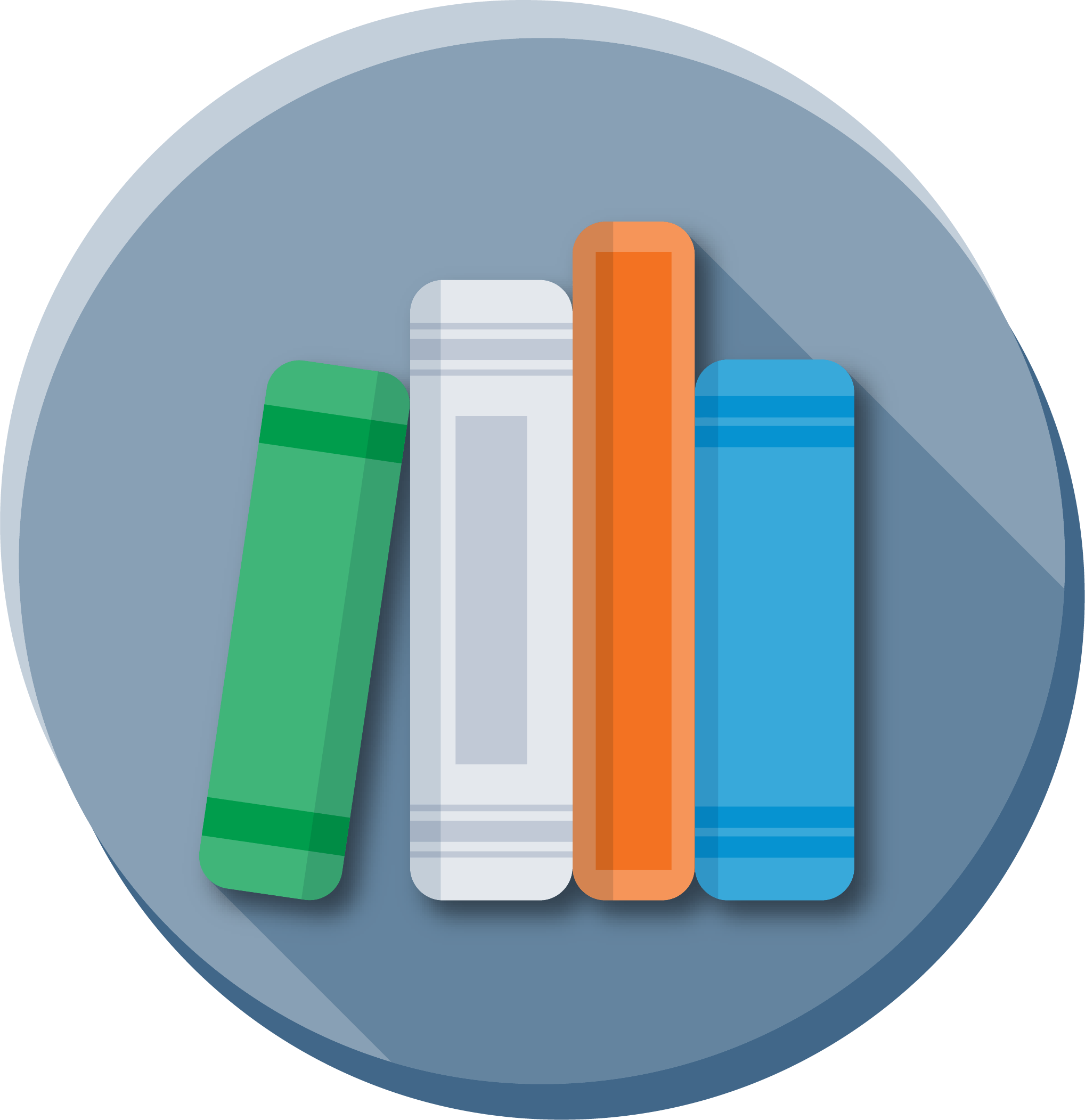 Books of various sizes and colors on a shelf