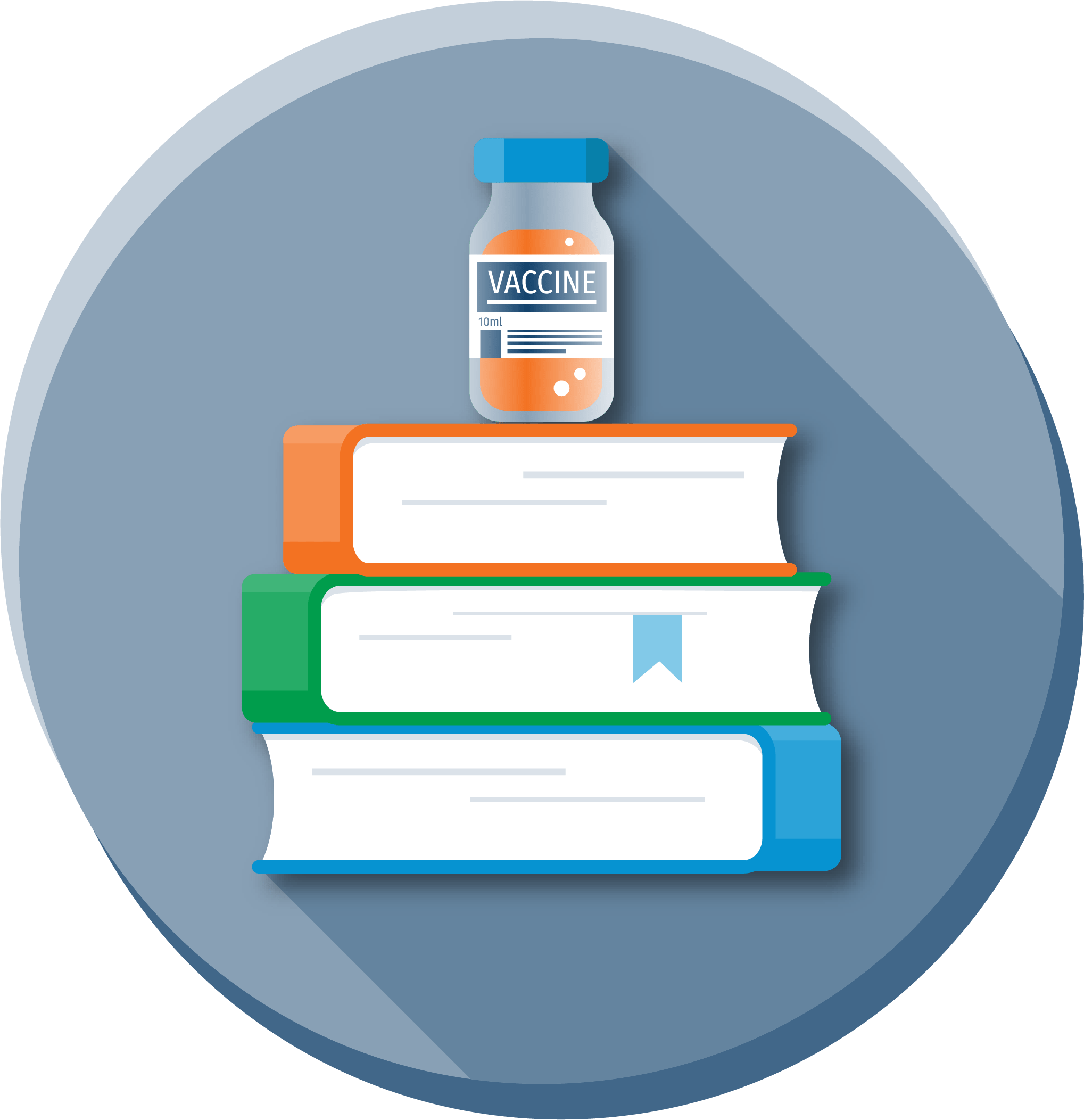 a vaccine vial on top of a pile of books