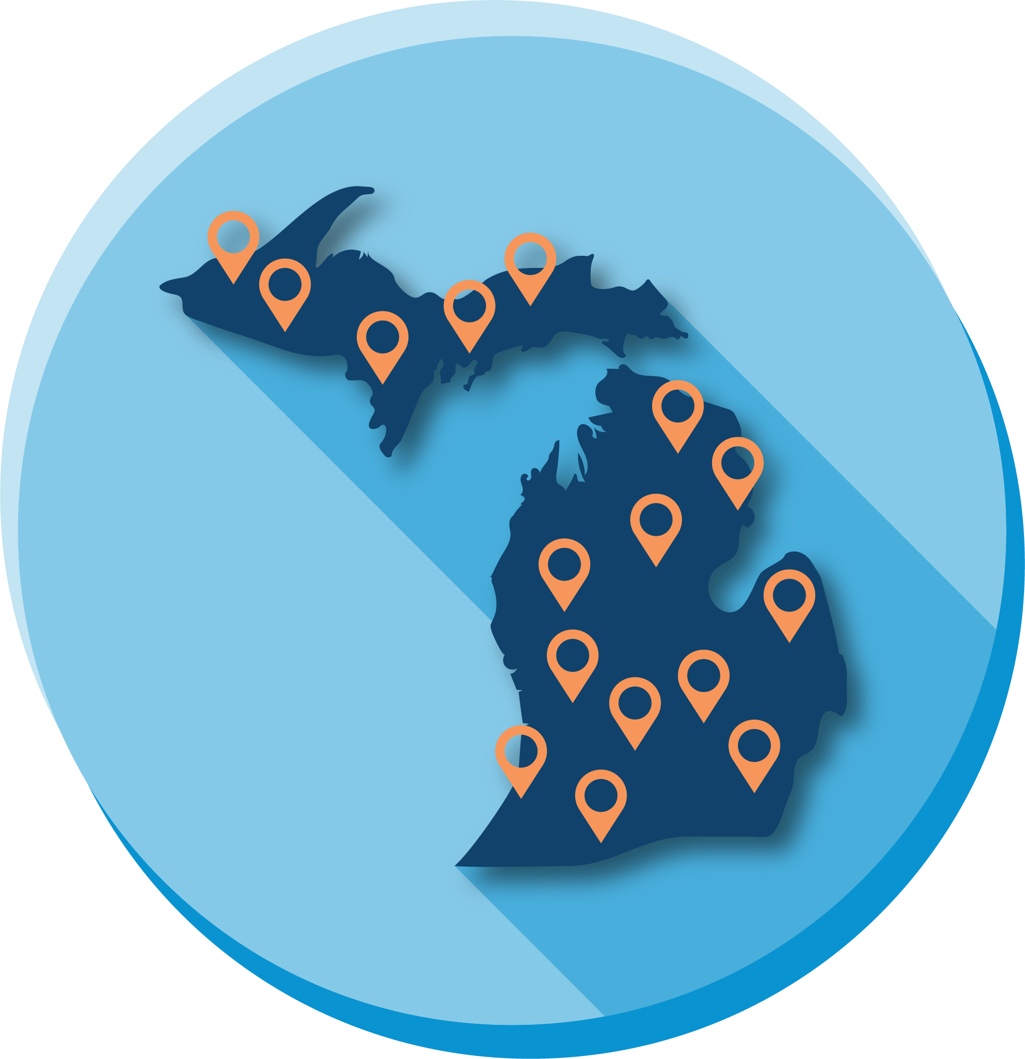 a map of Michigan with pins