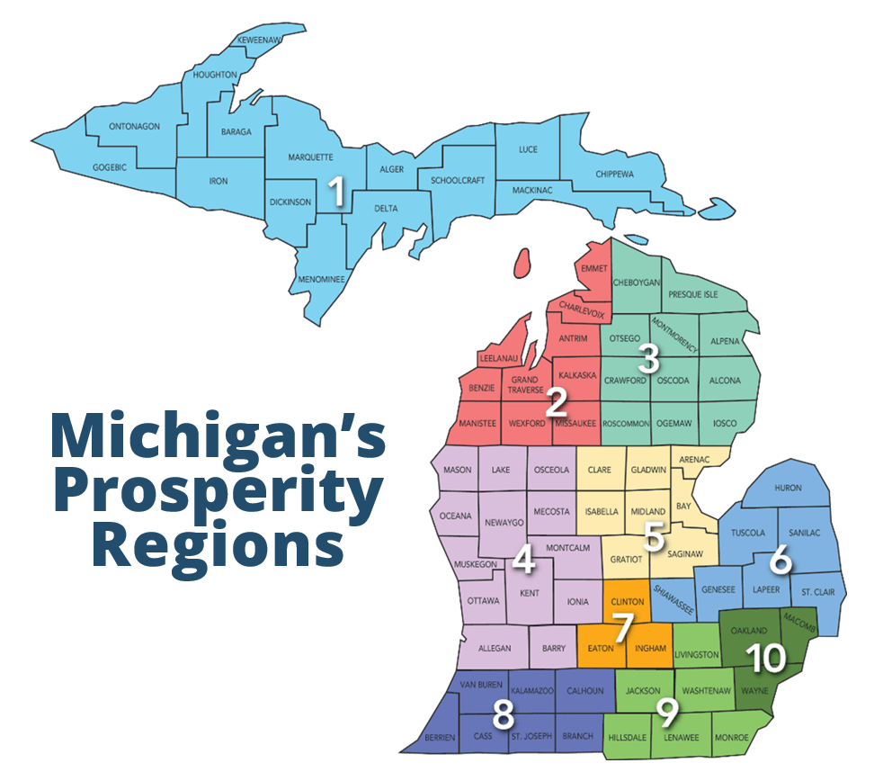 Map of Michigan with geographic outline of Michigan's  10 Prosperity Regions 