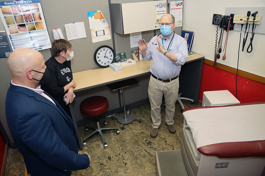 MDHHS Director Elizabeth Hertel toured the Sexton High School school-based health center. Pictured are (l. to r.) Taggert Doll, MDHHS child and adolescent health services unit manager; MDHHS Director Elizabeth Hertel; and Breton Blair of Sexton High School. 