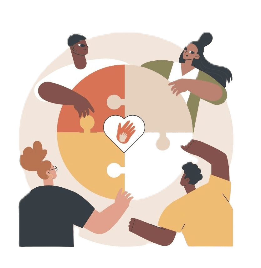 Four people sitting around a table putting together a puzzle with a hand in the middle of the puzzle. 