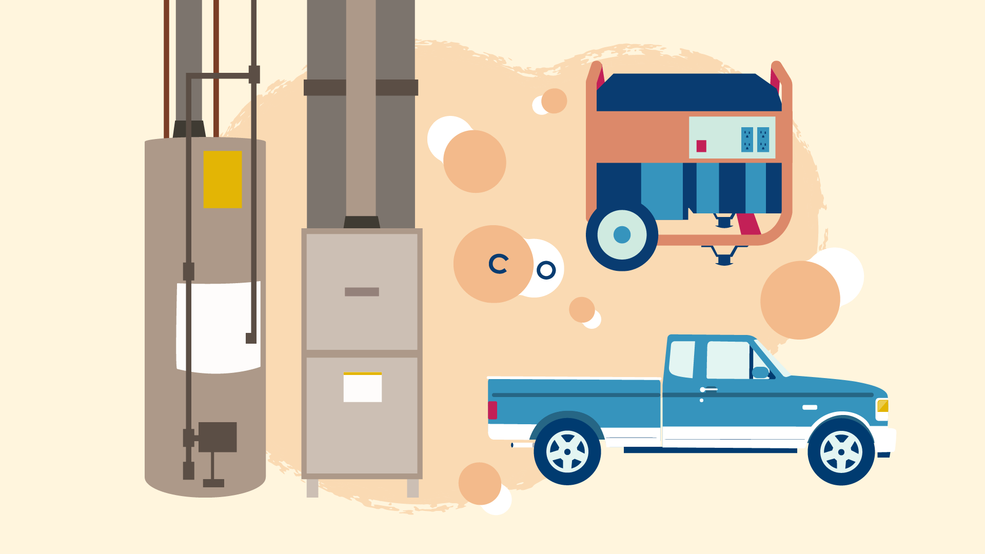 CO molecules surrounded by items that can produce CO, including a water heater, a furnace, a portable generator, and a truck.