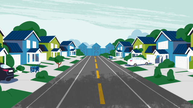 Residential street. Two homes on the street have portable generators in their driveways.