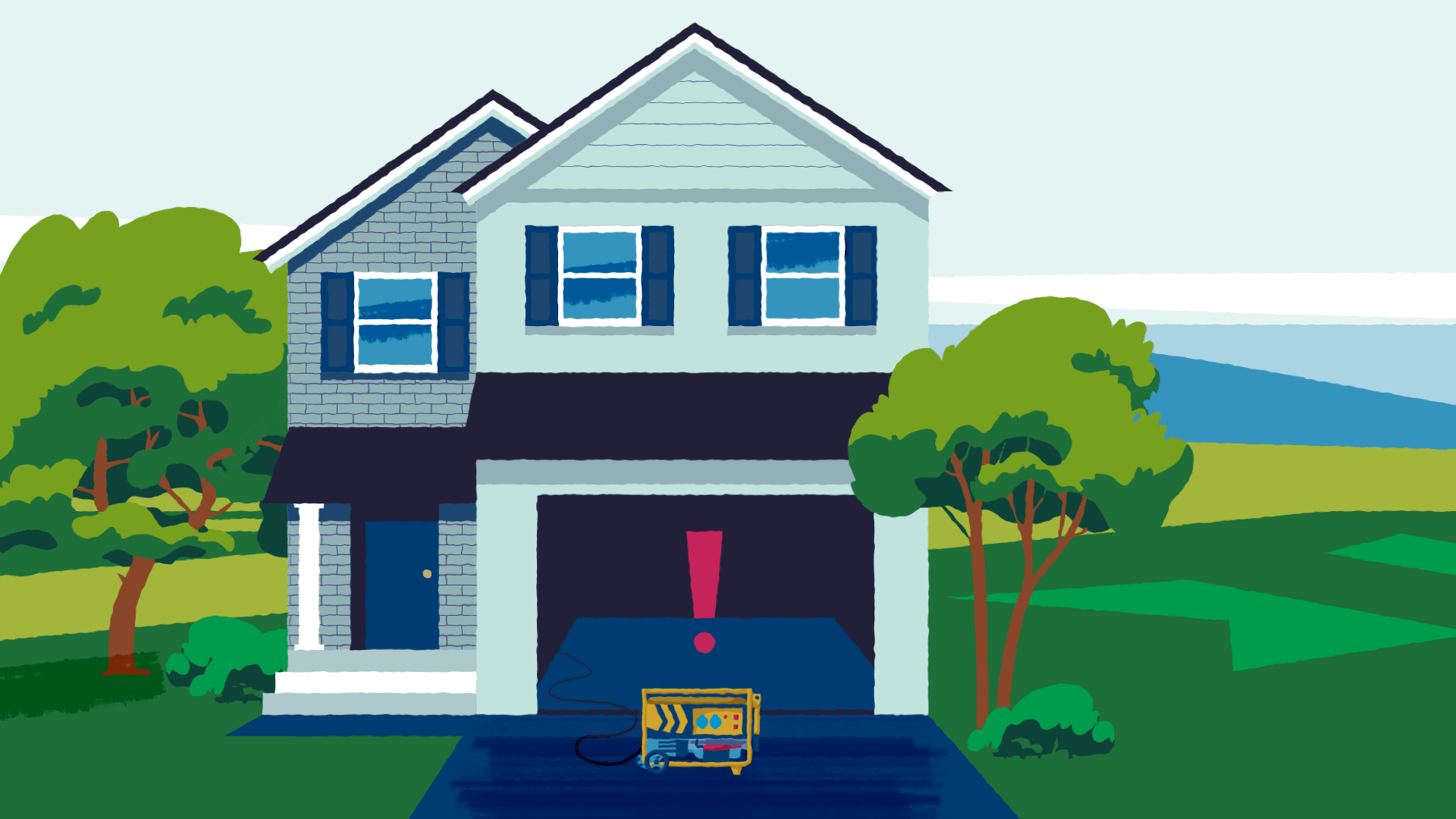 Home with a generator close to the door of an open garage. A red exclamation point above the generator highlights the danger of CO poisoning.