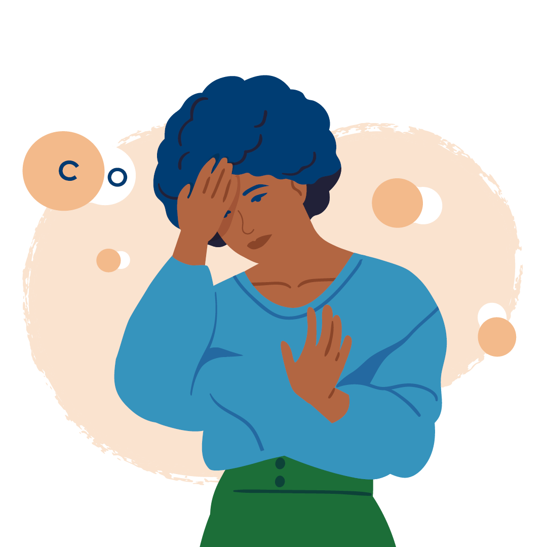 Woman surrounded by CO molecules holding her head as if it hurts