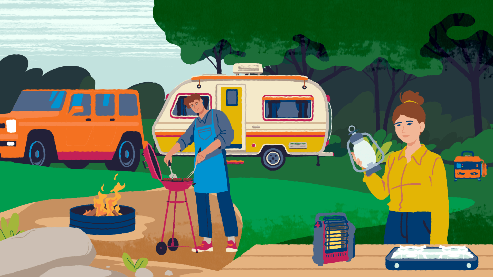 Two people camping with a campfire, grill, portable heater, portable stove, and portable generator