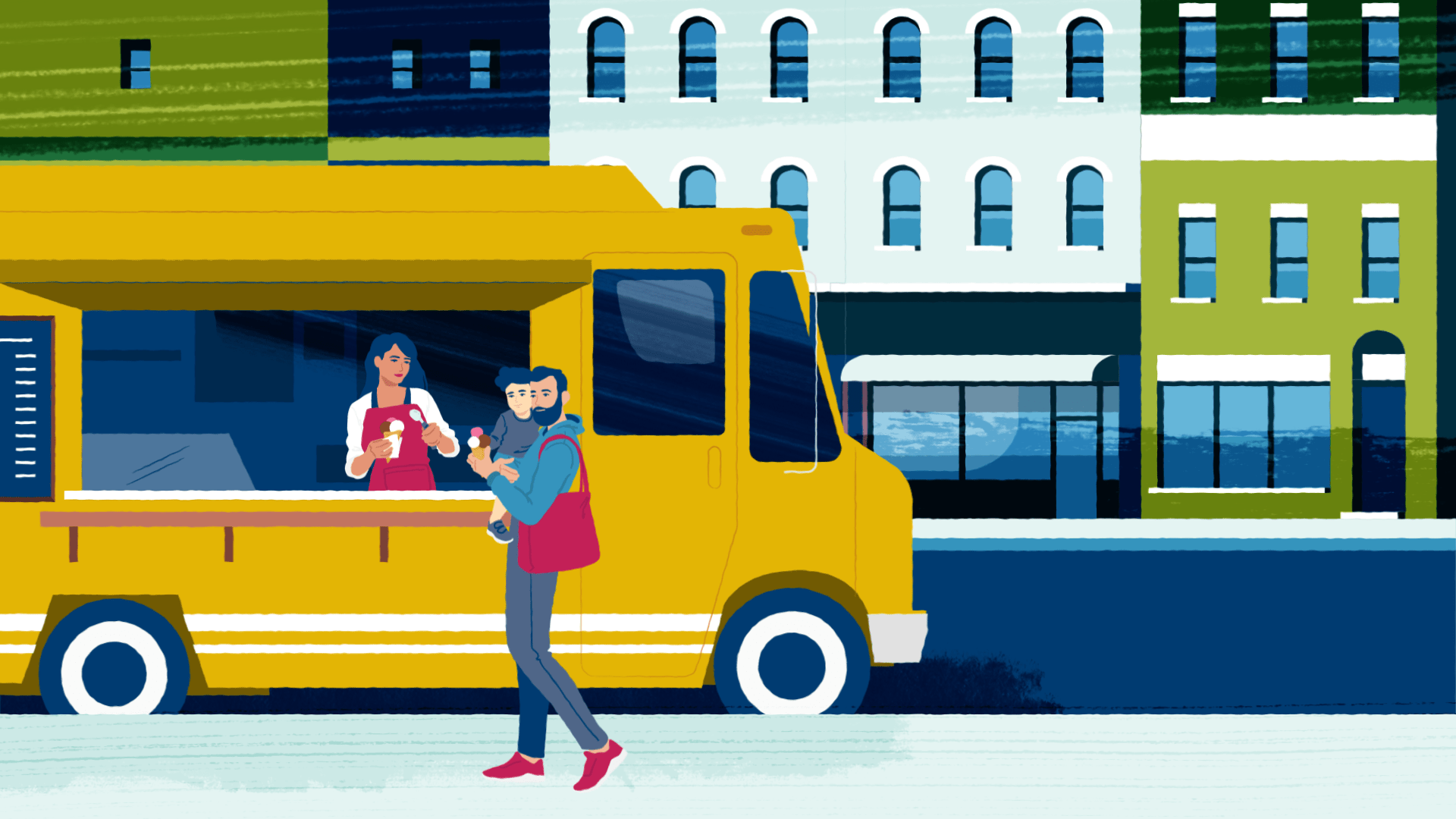 Woman serving a man and a child ice cream from a food truck