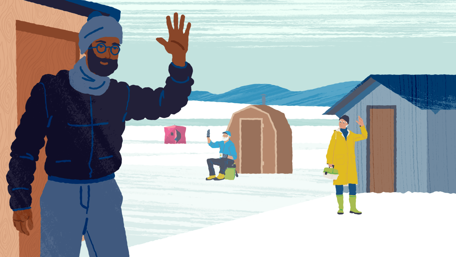 Men outside ice fishing huts waving at each other