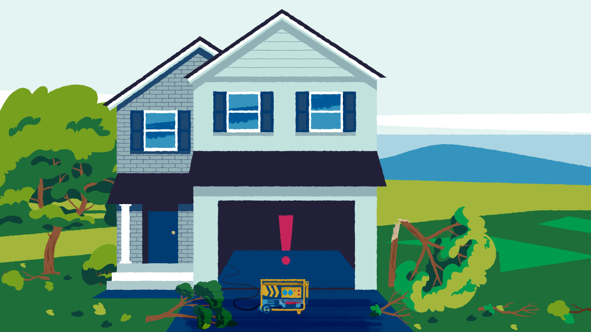 Home with downed trees and a portable generator sitting near the open garage door. A red exclamation point highlights the danger of carbon monoxide poisoning in this scenario.