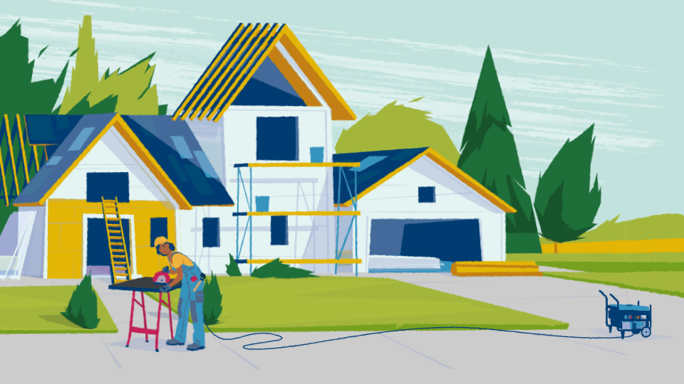 Construction worker working on a new home, using power from a portable generator.