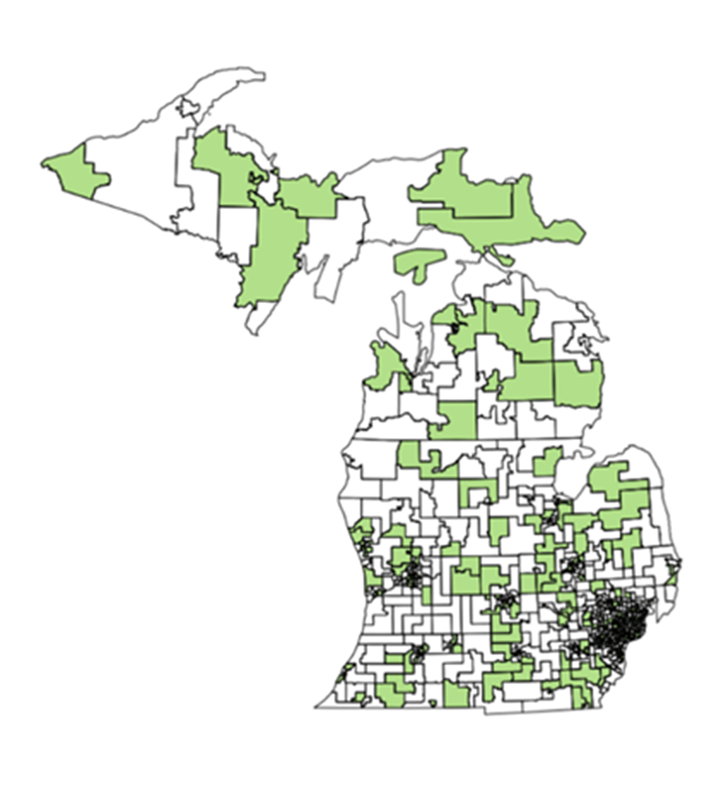 Map of Michigan showing the areas selected for the Care for MiWell Sampling Project