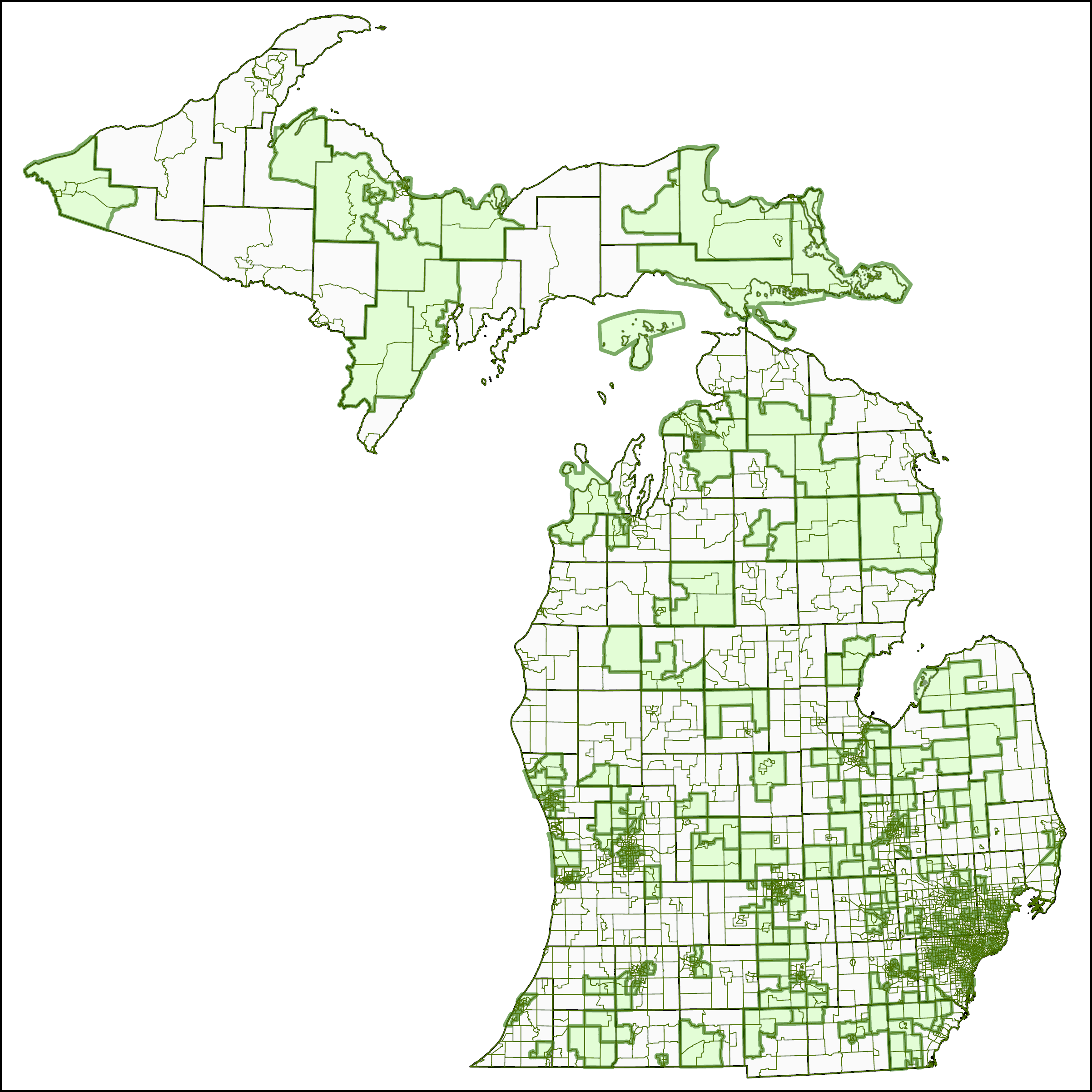 Map of the Care for MiWell Sampling Project Year 1 Study Area showing Michigan county boundaries as thick black lines and the census tract boundaries in each county as thin green lines. The grouped tracts that make up the project Year One Study Areas are shaded light green and surrounded by a dark green border.