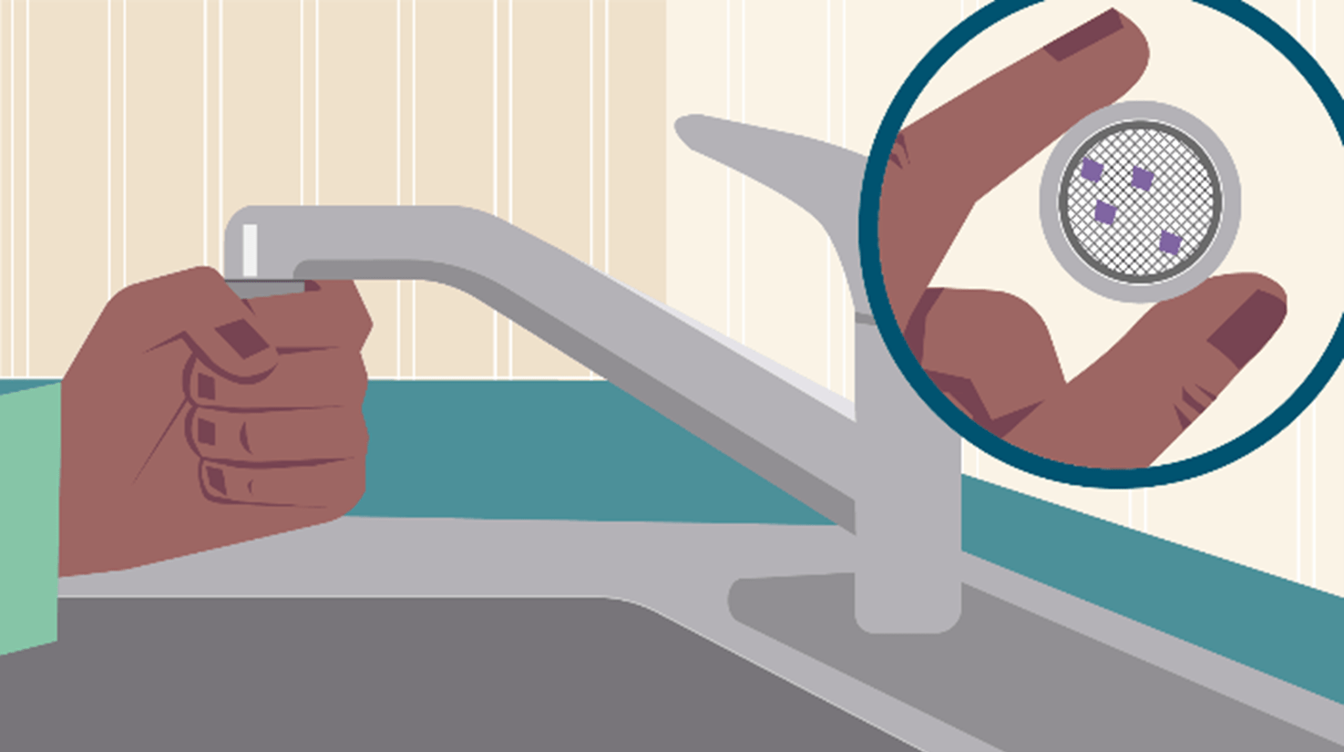 illustration of a faucet aerator being unscrewed, and a close up of a detached aerator with particles in it
