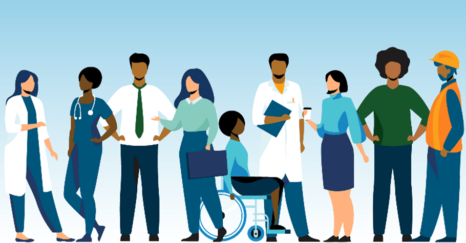 Drawing of a diverse group of people, including people dressed as healthcare providers, businesspeople, and a construction worker.
