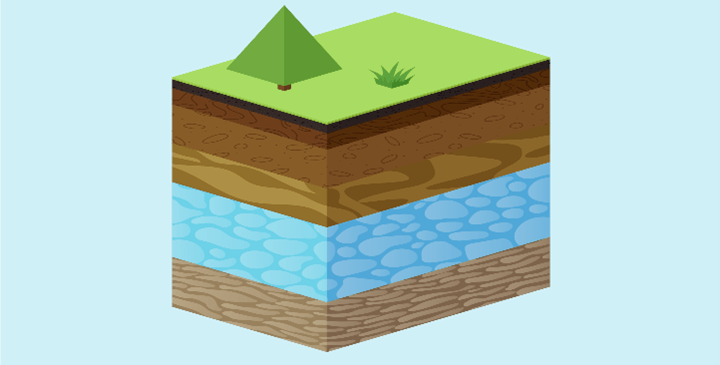 Cutaway illustration of land, an underground aquifer, and layers of soil and rock.
