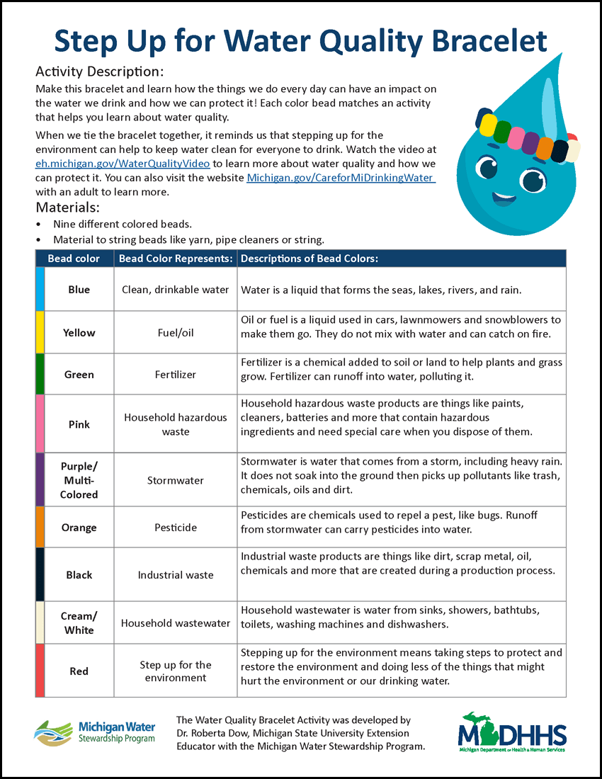 Thumbnail image of a children's activity sheet titled "Step Up for Water Quality Bracelet"