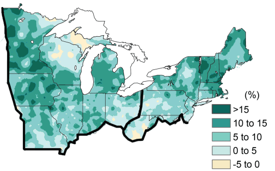 Heat map showing observed precipitation increases in the great lakes region since 1900