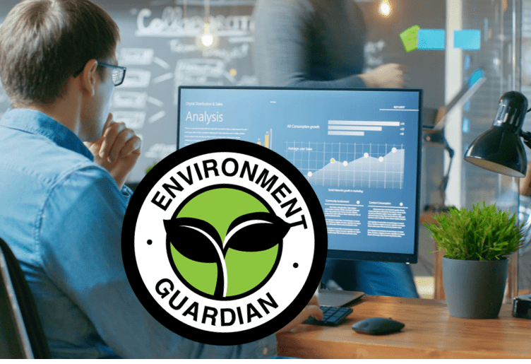 Computer screen with data visualizations and environment guardian badge
