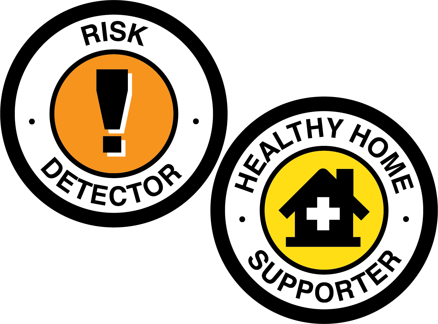 two circular badges reading 