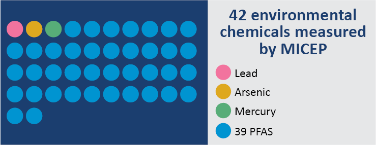 Infographic indicating the 51 environmental chemicals measured by MICEP. Chemicals include Lead, Arsenic, Mercury, and 39 PFAS.