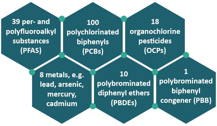 Illustration listing the types of chemicals MiChEM tests for; including 39 per and polyfluoroalkyl substances (PFAS); 100 polychlorinated biphenyls (PCBs); 18 organochlorine pesticides (OCPs); 8 metals, e.g., lead, arsenic, mercury, aluminum; 10 polybrominated diphenyl ethers (PBDEs); and 1 polybrominated biphenyl congener (PBB)
