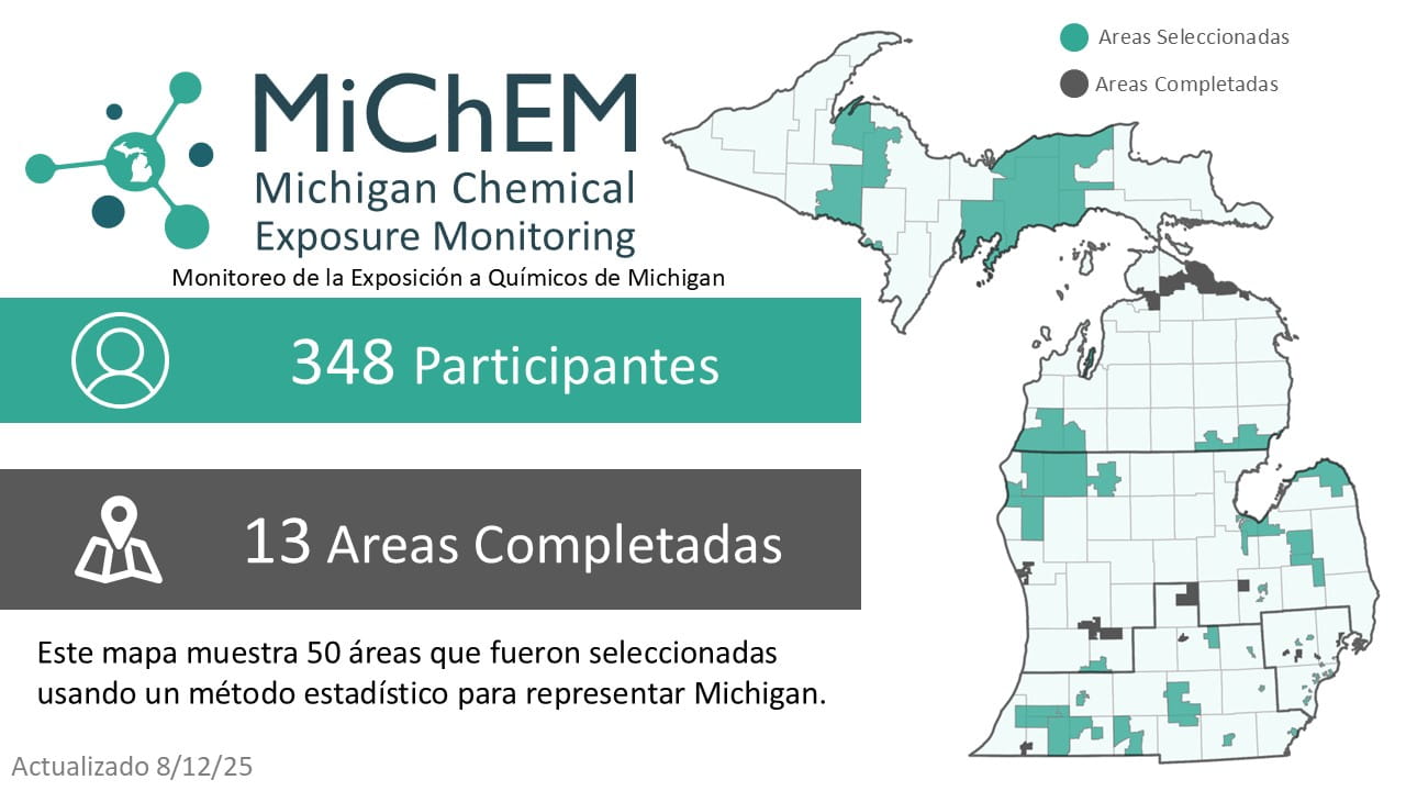 MiChEM project status infographic in Spanish. Click for accessible PDF version