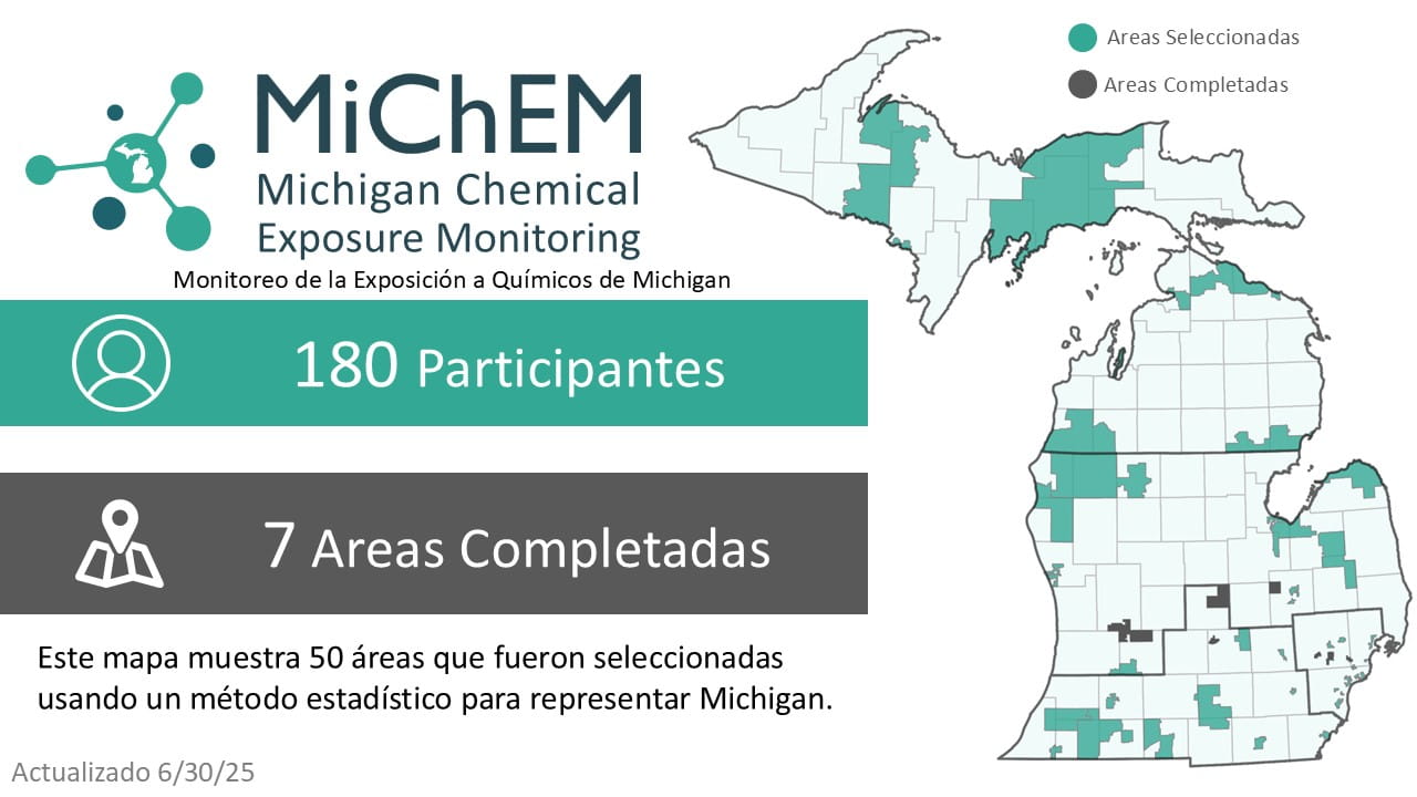 MiChEM project status infographic in Spanish. Click for accessible PDF version