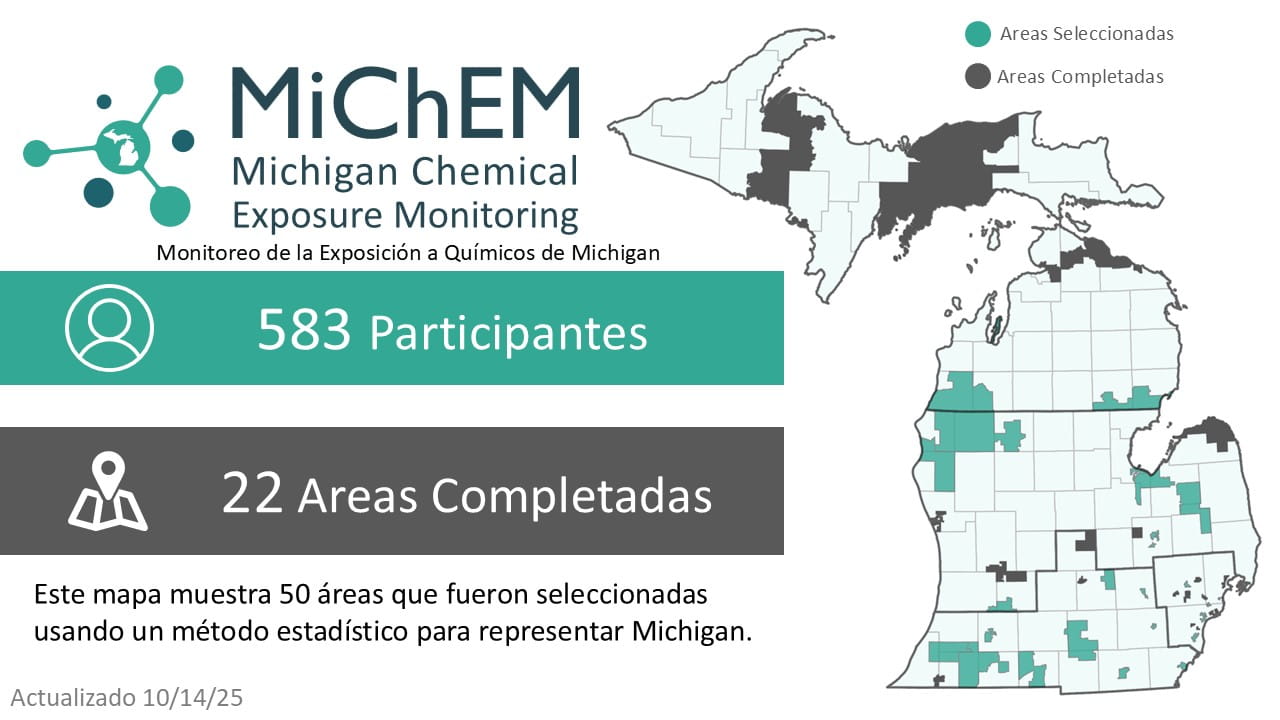 MiChEM project status infographic in Spanish. Click for accessible PDF version