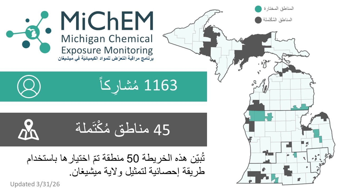 MiChEM project status infographic in Arabic. Click for accessible PDF version.
